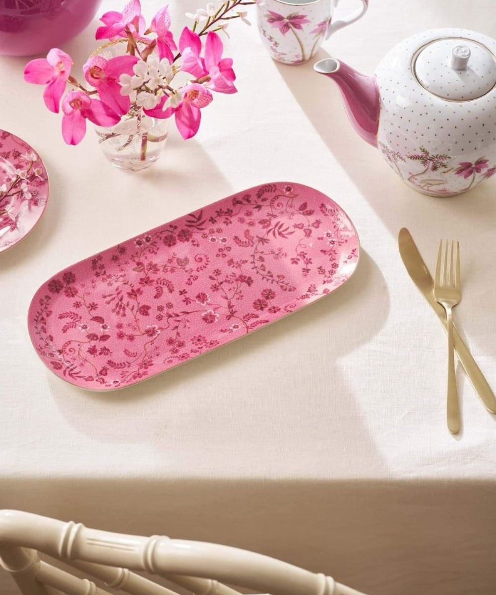 Cake Tray Rectangular Jolie Flowers Pink 33.3X15.5Cm