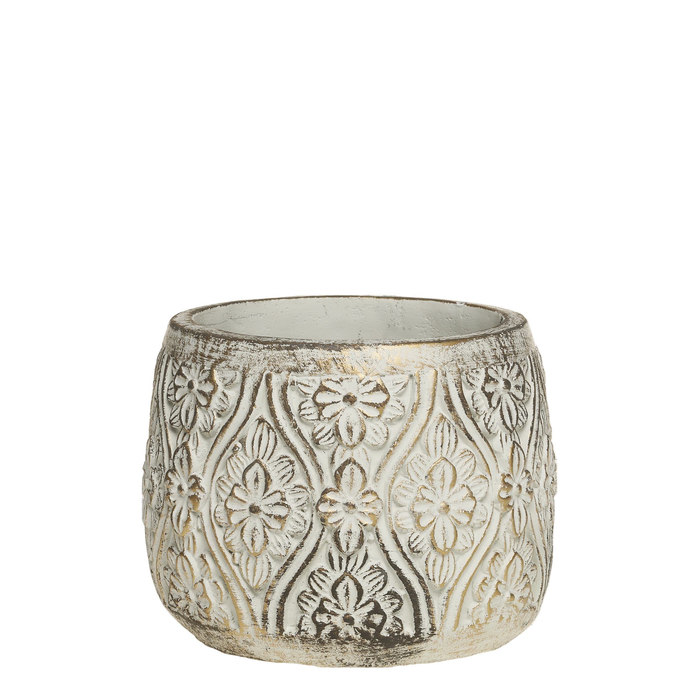 Decorative ceramic pot with intricate patterns on a white background