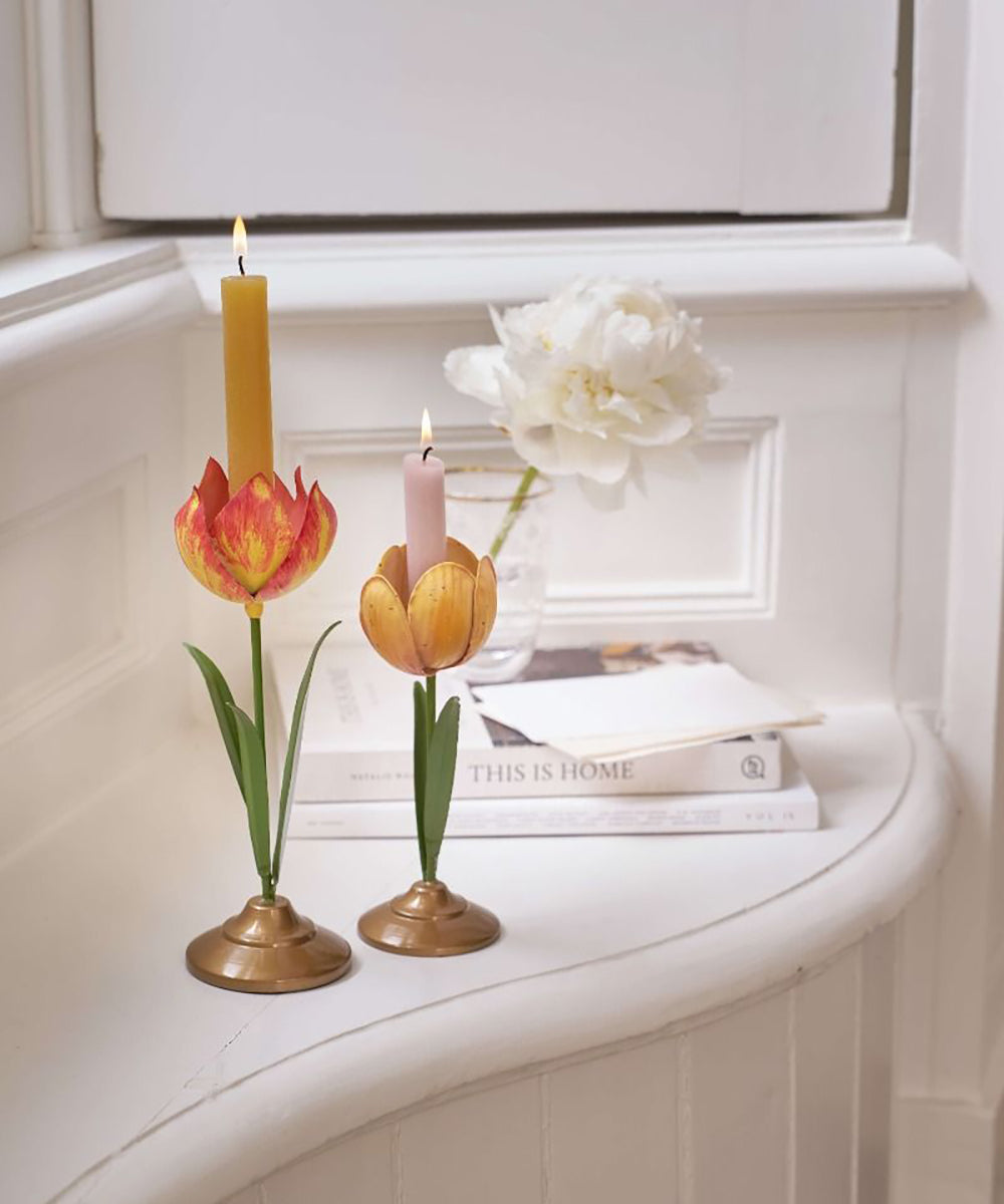 Set/2 Tulip Candle Holders Metal Yellow