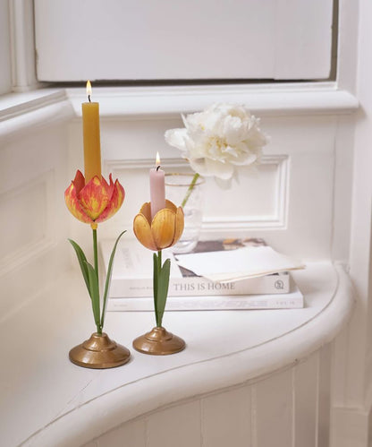 Set/2 Tulip Candle Holders Metal Yellow