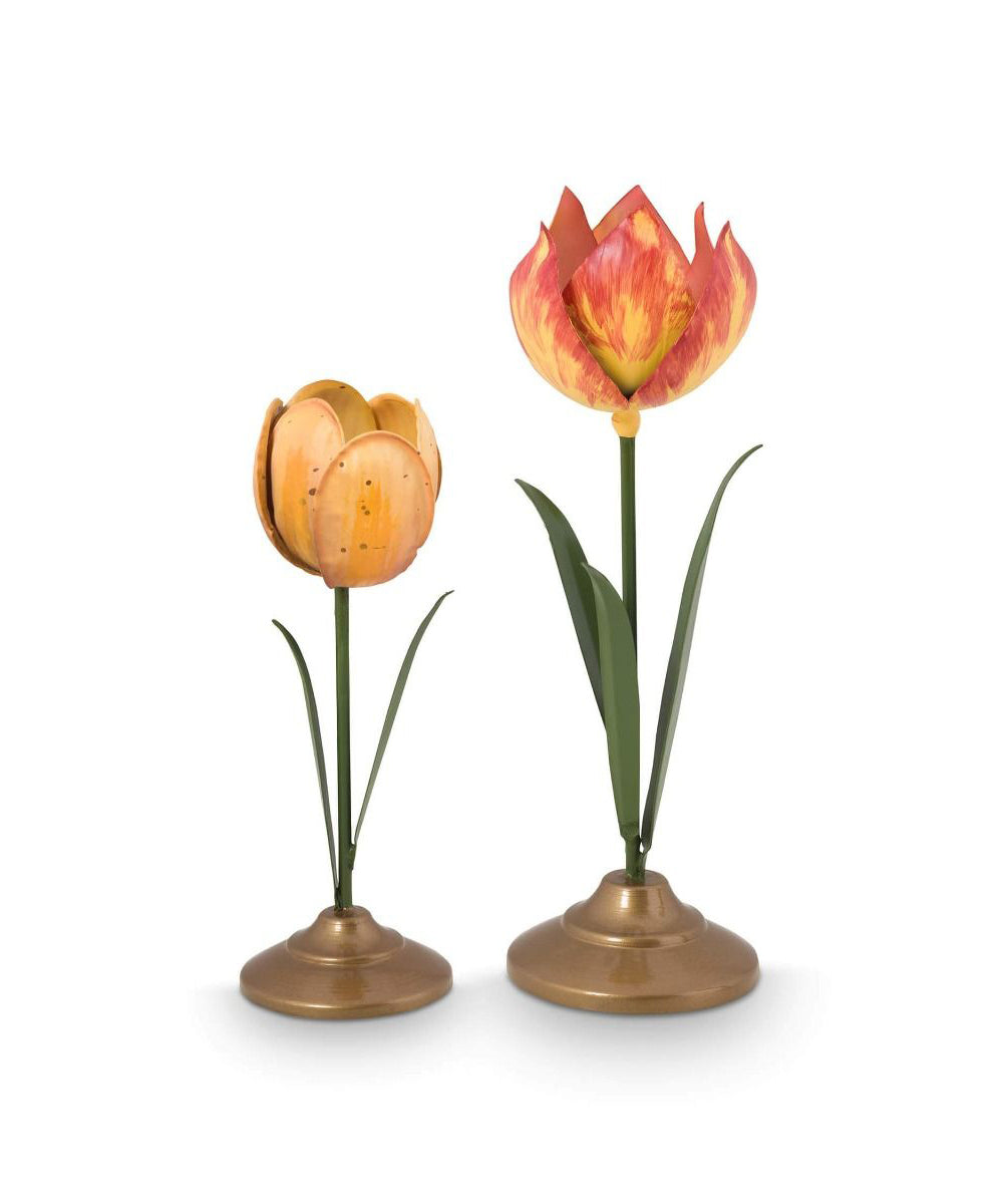 Set/2 Tulip Candle Holders Metal Yellow