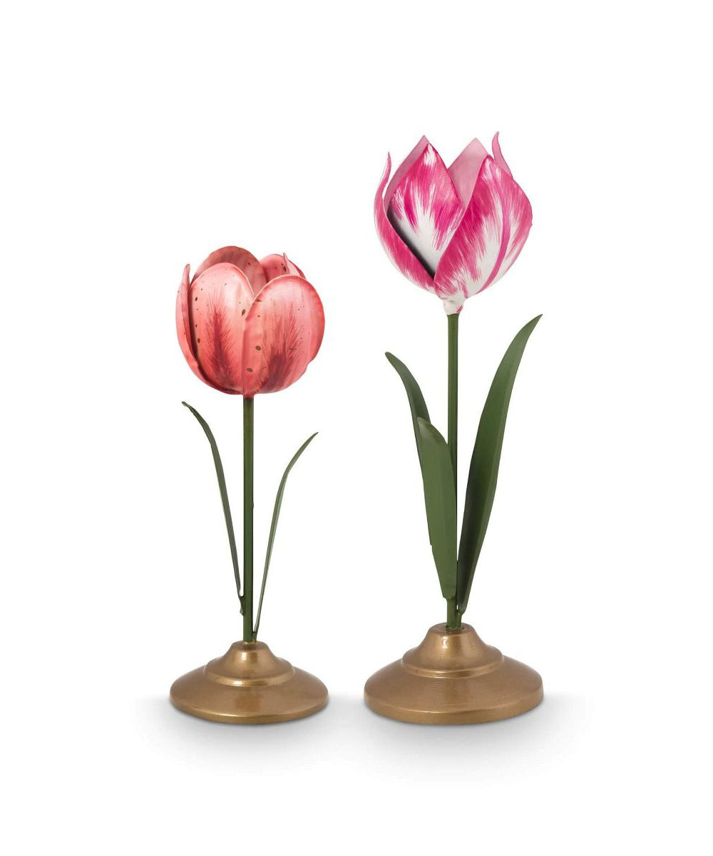 Set/2 Tulip Candle Holders Metal Pink