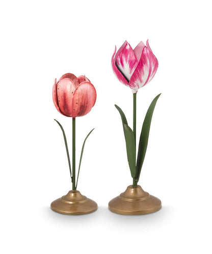 Set/2 Tulip Candle Holders Metal Pink